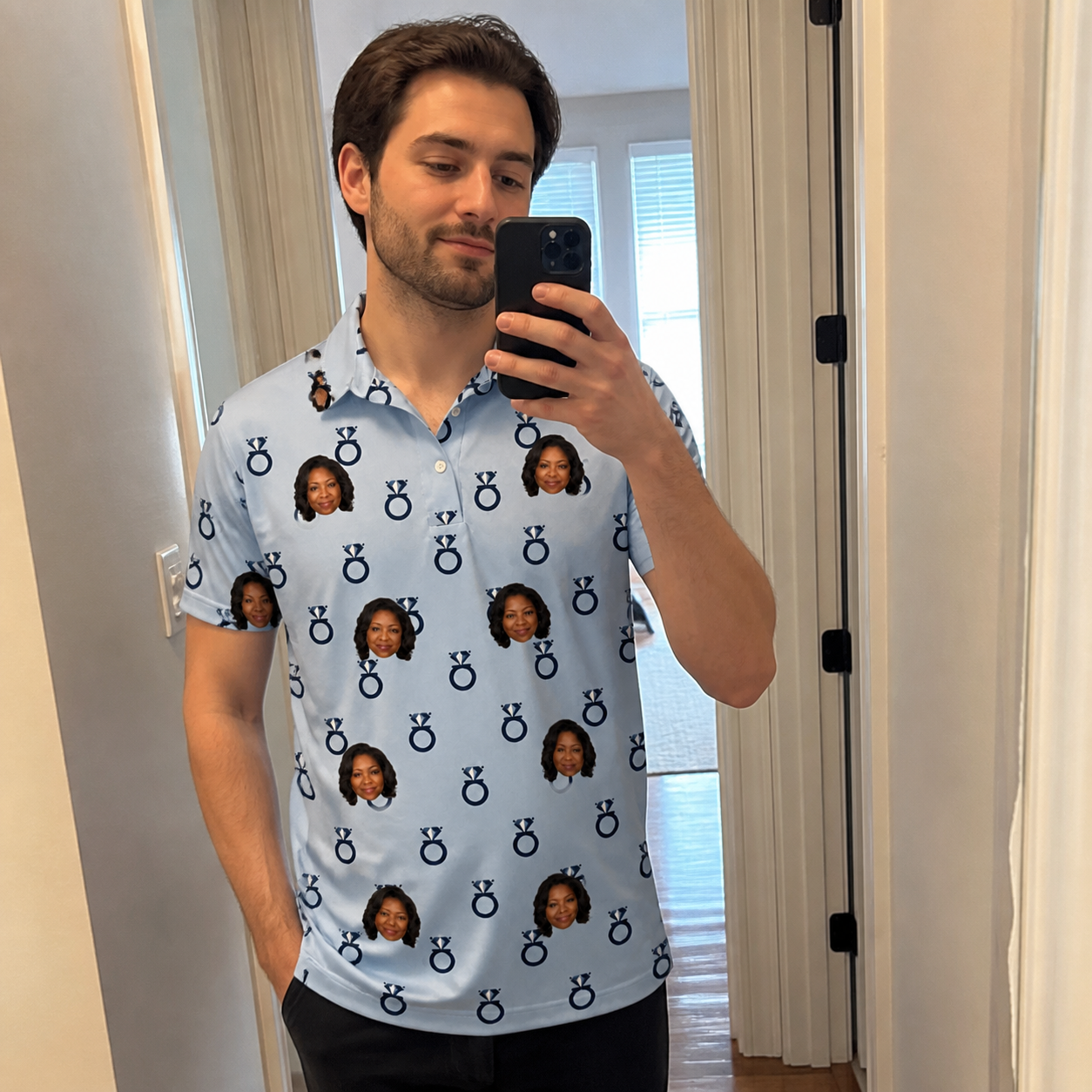 Real-life photo of someone wearing Men's Lovebound Luster Custom Face Polo Shirt — custom faces printed all-over