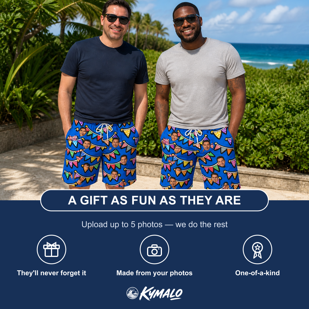 Friends in matching Men's Tipsy Tassels Custom Face Beach Shorts — a group gift photo