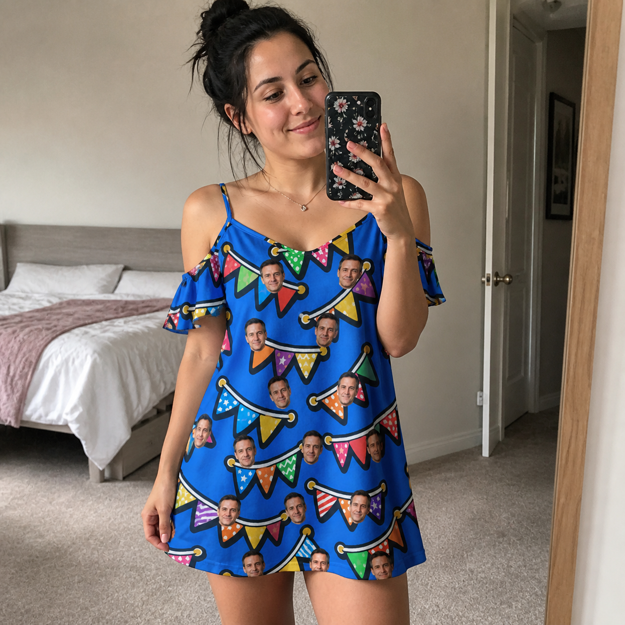 Real-life photo of someone wearing Women's Tipsy Tassels Custom Face Off-Shoulder Dress — custom faces printed all-over