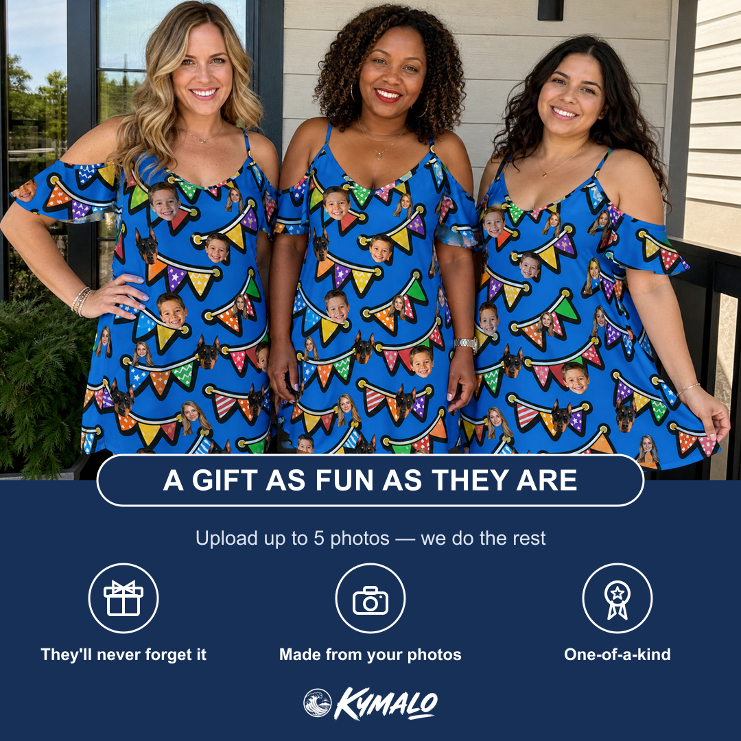 Friends in matching Women's Tipsy Tassels Custom Face Off-Shoulder Dress — a group gift photo