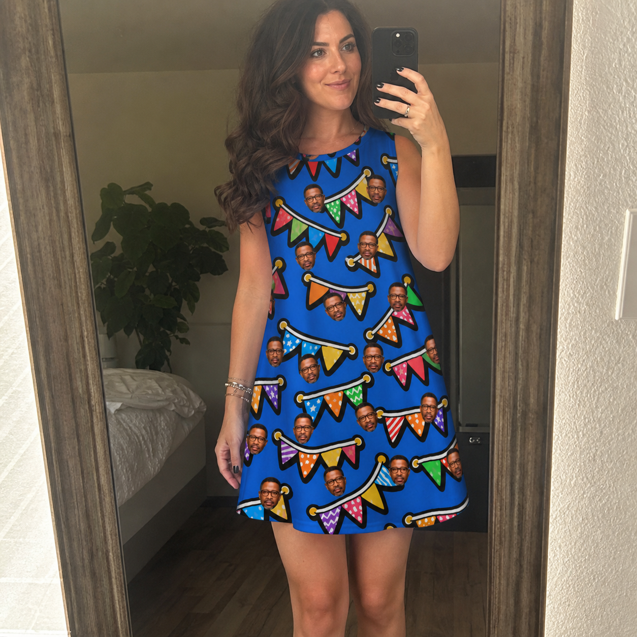 Real-life photo of someone wearing Women's Tipsy Tassels Custom Face Tank Dress — custom faces printed all-over