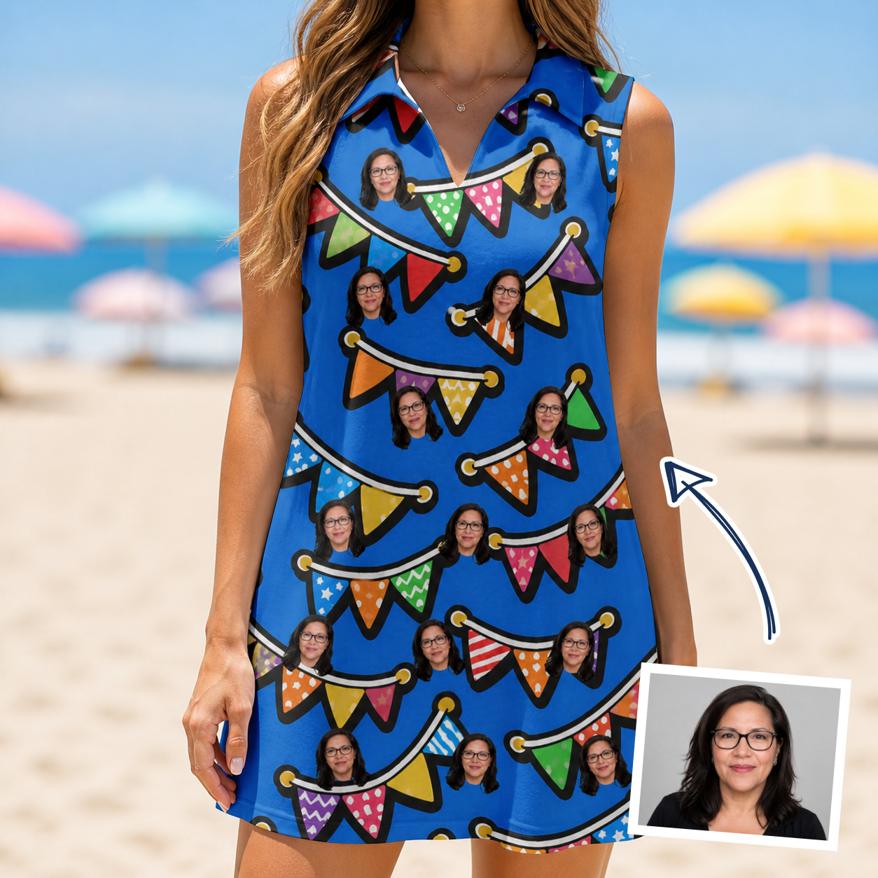 Woman wearing Women's Tipsy Tassels Custom Face V-Neck Dress — custom faces printed all-over