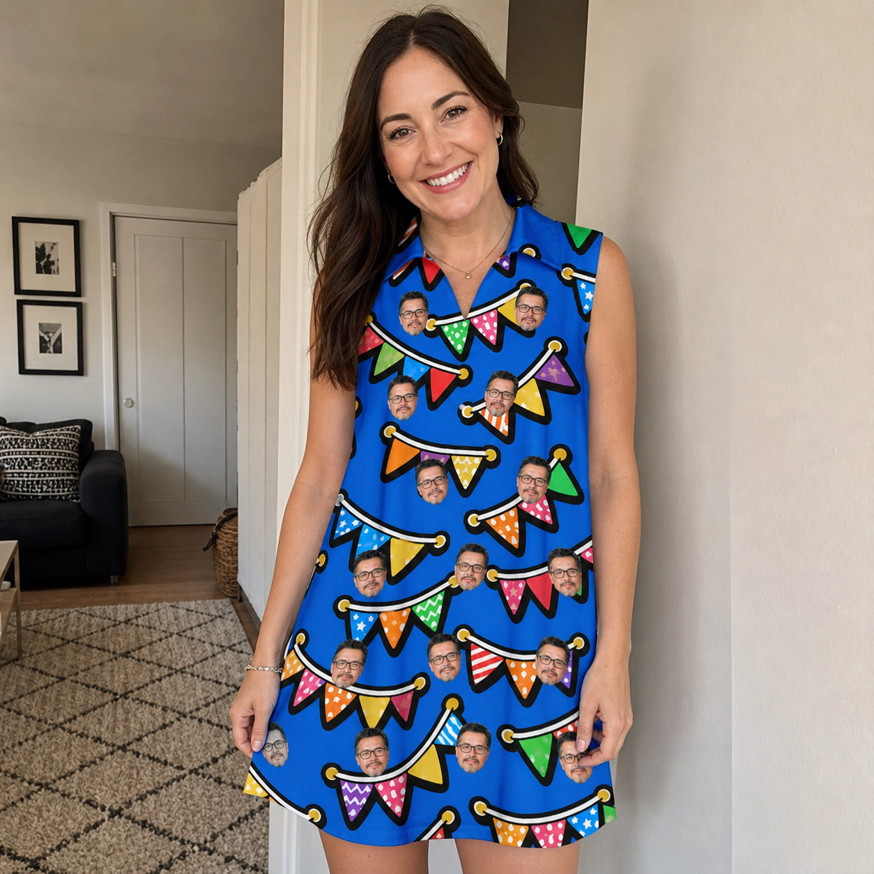 Real-life photo of someone wearing Women's Tipsy Tassels Custom Face V-Neck Dress — custom faces printed all-over
