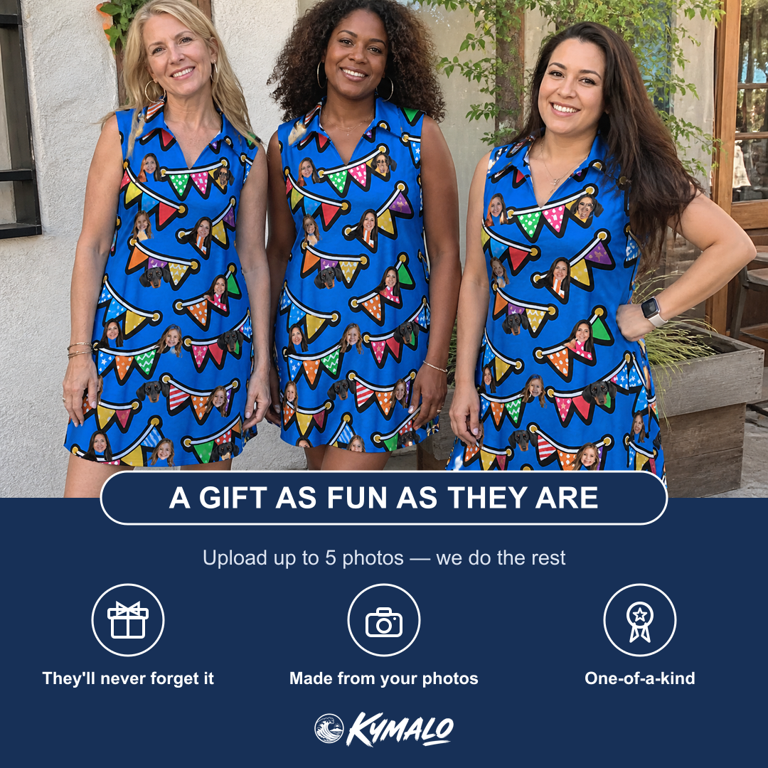 Friends in matching Women's Tipsy Tassels Custom Face V-Neck Dress — a group gift photo