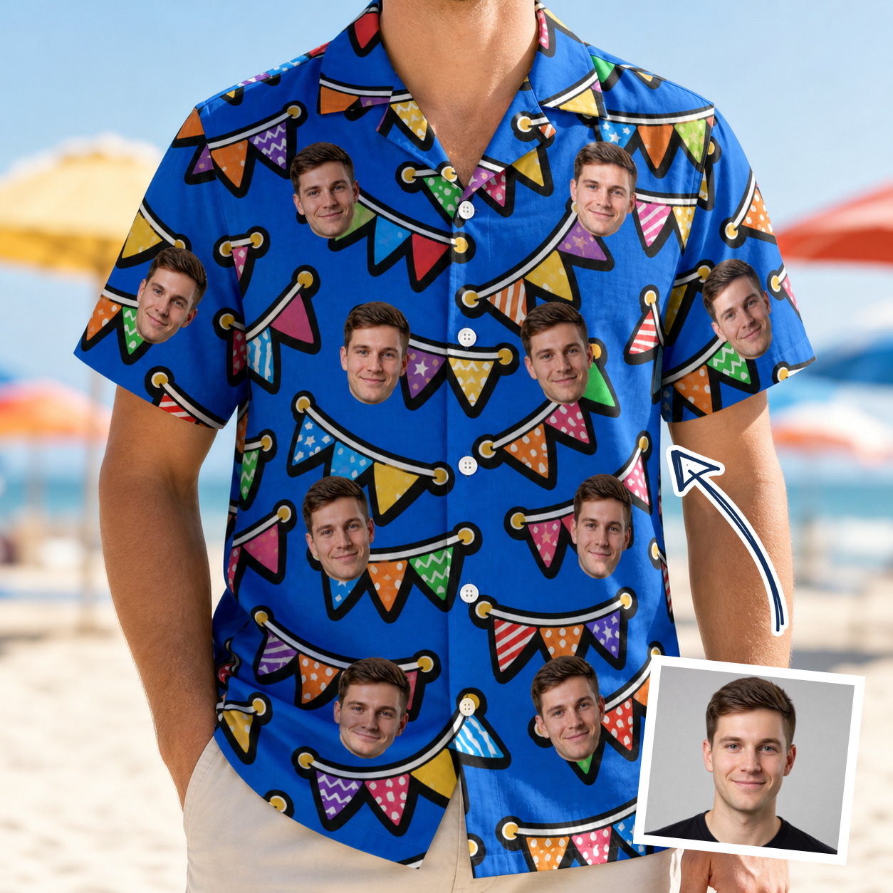 Man wearing Men's Tipsy Tassels Custom Face Hawaiian Shirt — custom faces printed all-over
