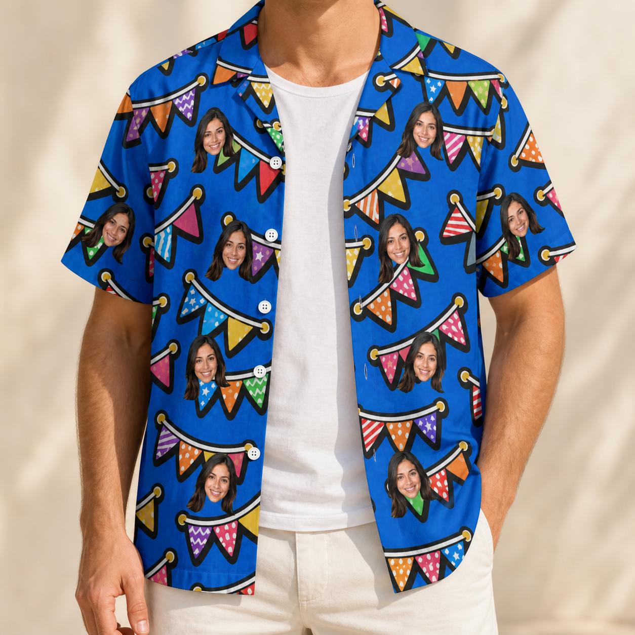 Man wearing Men's Tipsy Tassels Custom Face Hawaiian Shirt open over a white tee