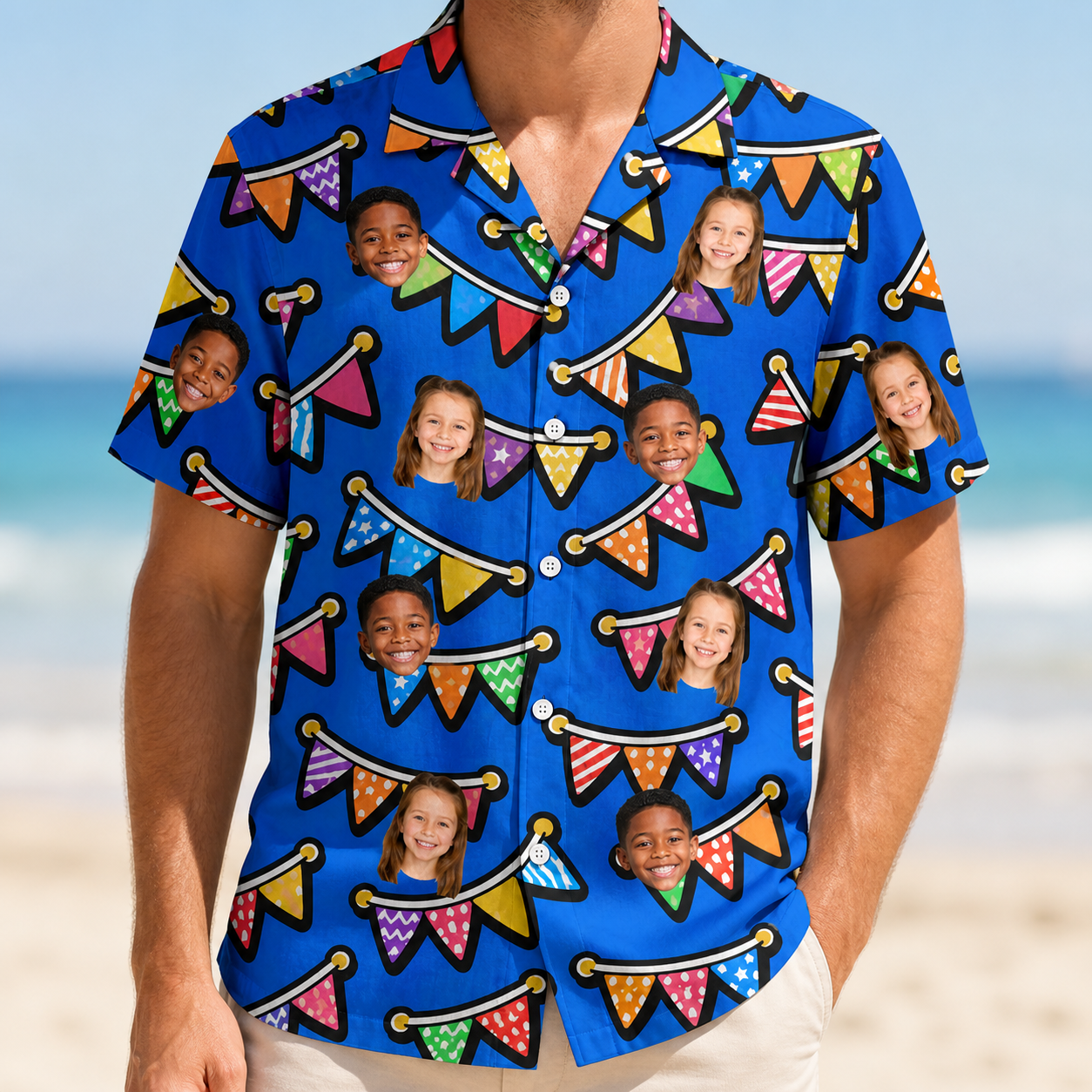 Model wearing Men's Tipsy Tassels Custom Face Hawaiian Shirt printed with kids' faces
