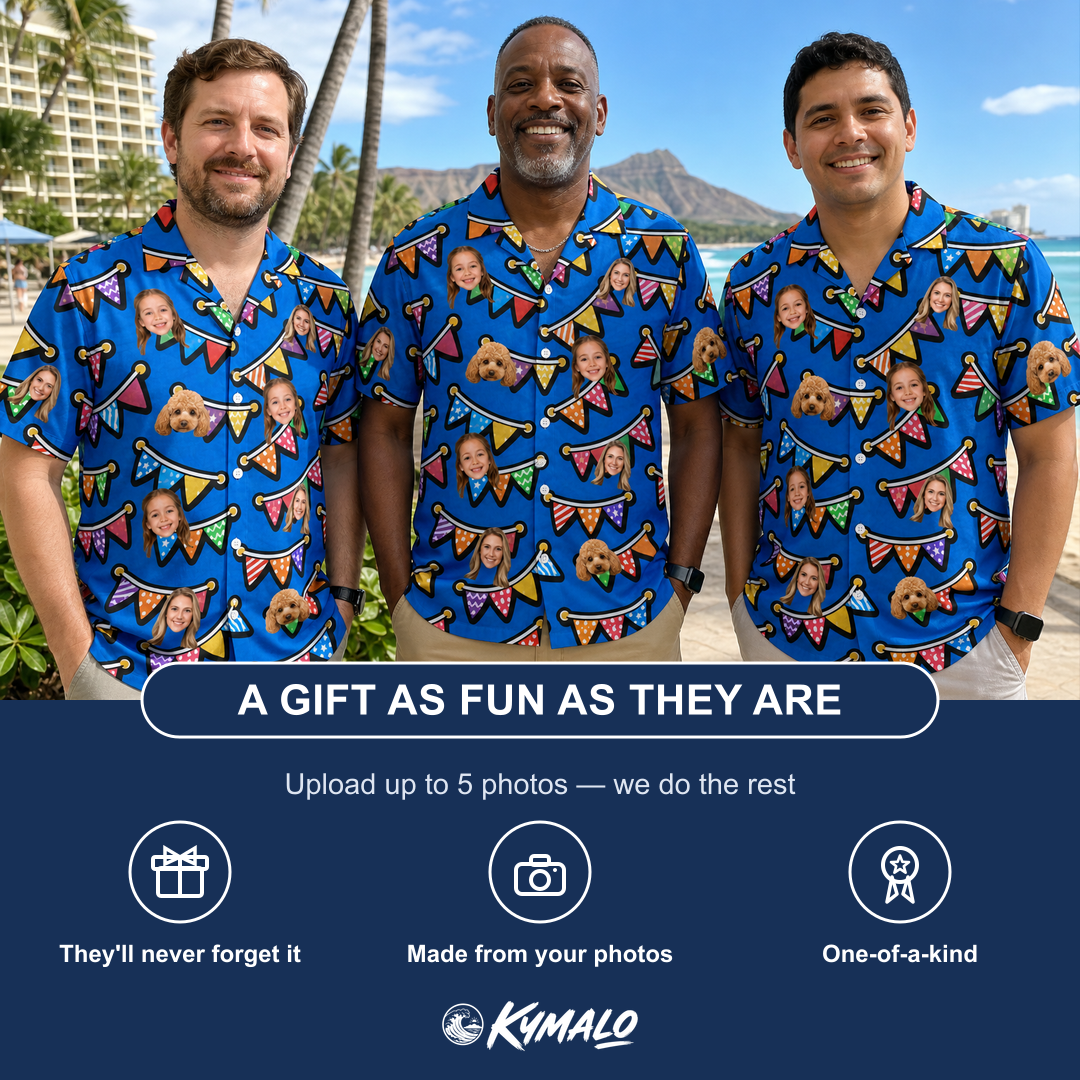 Friends in matching Men's Tipsy Tassels Custom Face Hawaiian Shirt — a group gift photo