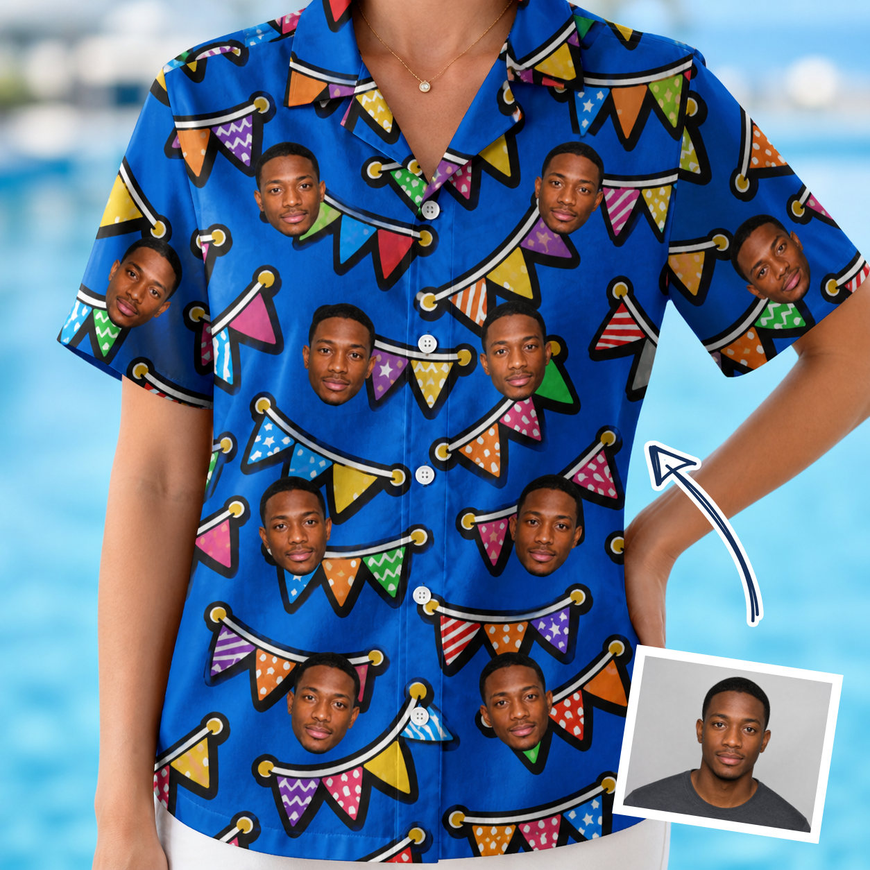 Woman wearing Women's Tipsy Tassels Custom Face Hawaiian Shirt — custom faces printed all-over