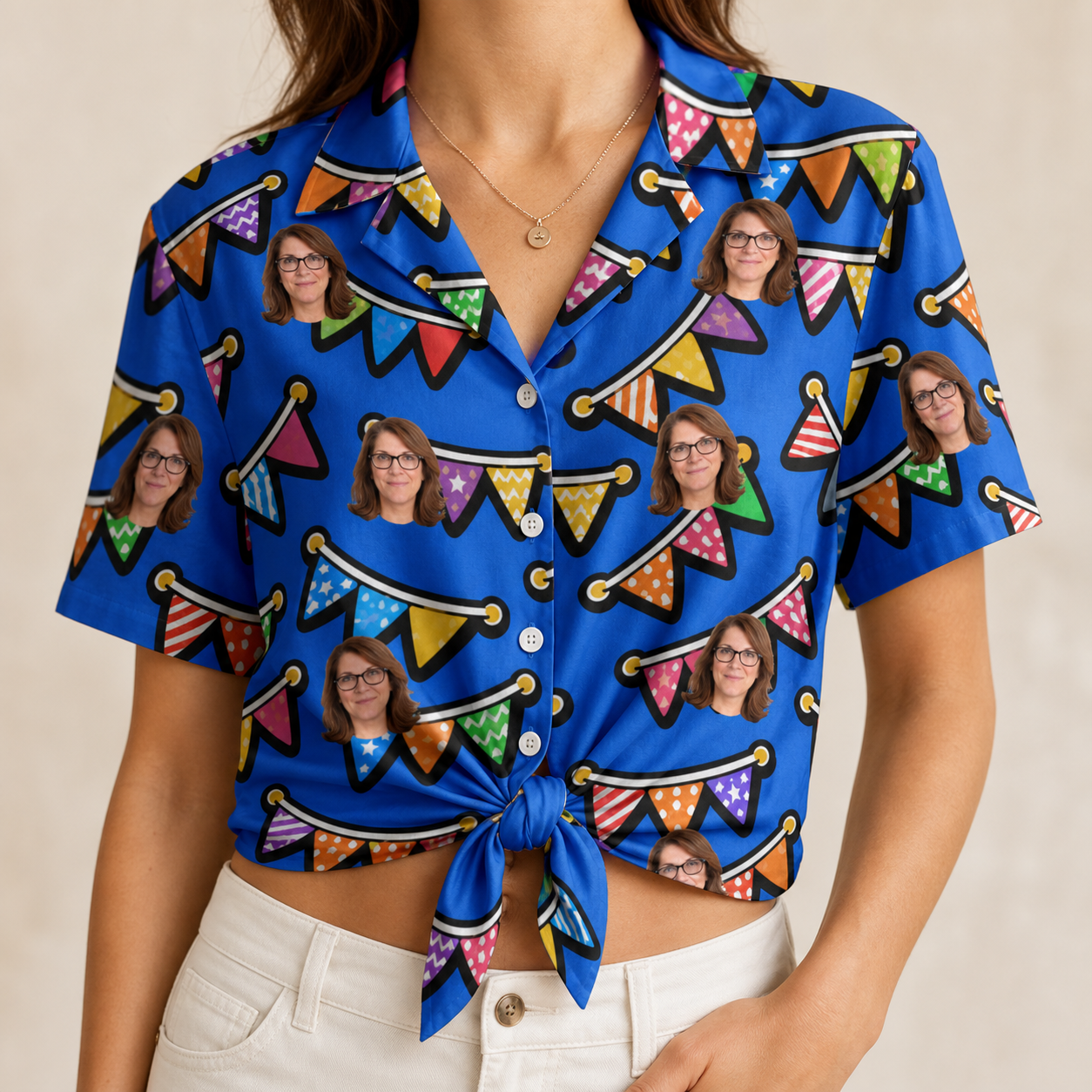 Woman wearing Women's Tipsy Tassels Custom Face Hawaiian Shirt tied at the waist