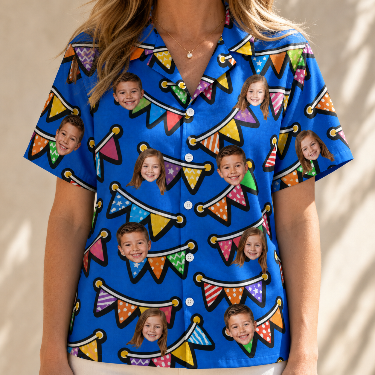 Model wearing Women's Tipsy Tassels Custom Face Hawaiian Shirt printed with kids' faces