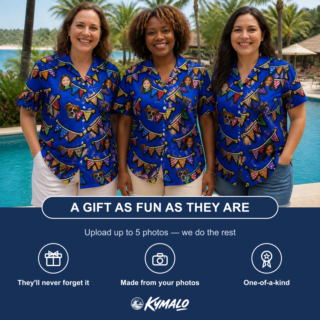 Friends in matching Women's Tipsy Tassels Custom Face Hawaiian Shirt — a group gift photo
