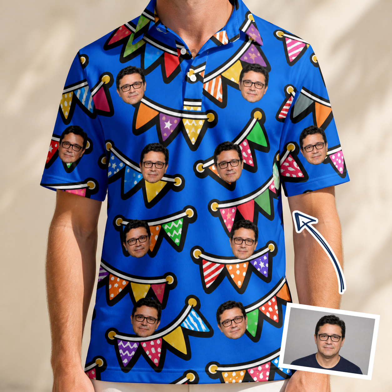 Man wearing Men's Tipsy Tassels Custom Face Polo Shirt — custom faces printed all-over