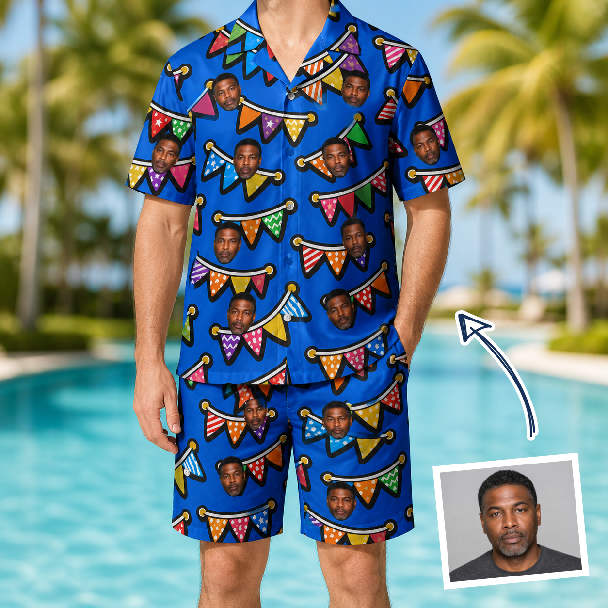 Man wearing Men's Tipsy Tassels Custom Face Shirt & Shorts Set — custom faces printed all-over