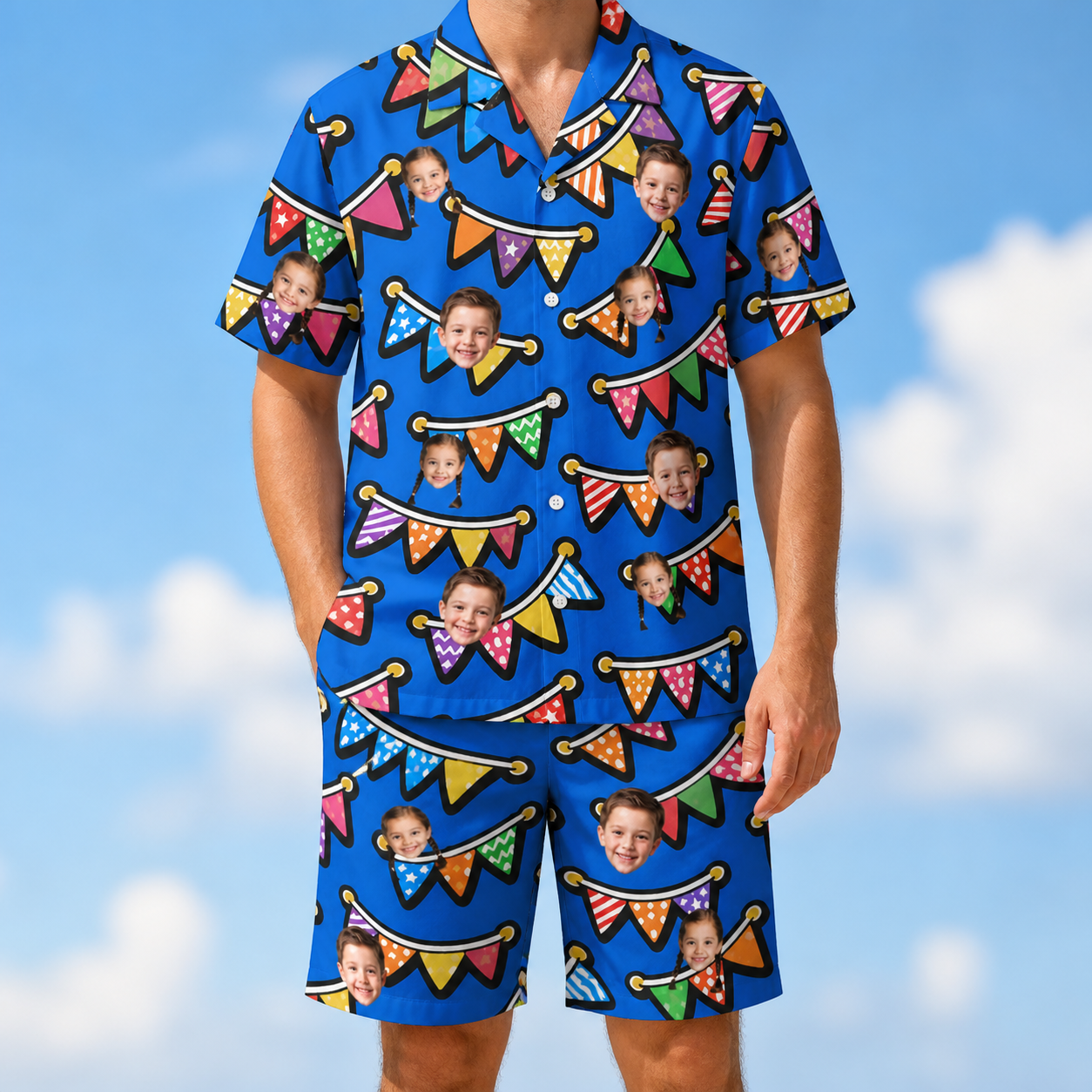 Model wearing Men's Tipsy Tassels Custom Face Shirt & Shorts Set printed with kids' faces
