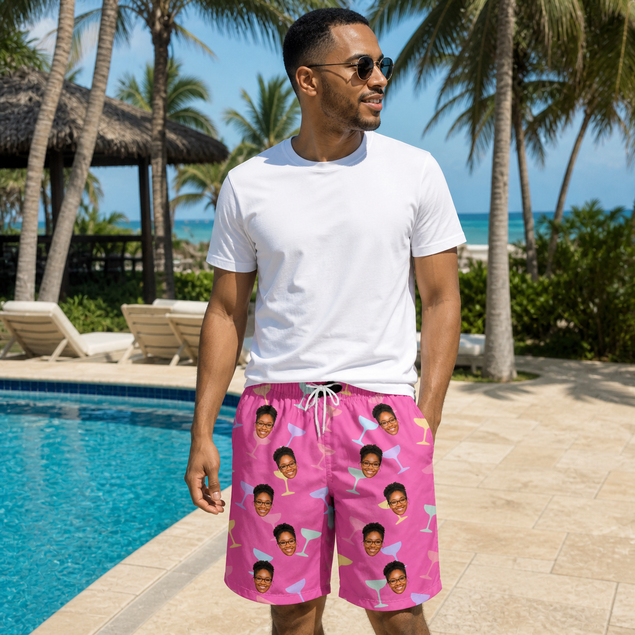 Real-life photo of someone wearing Men's Prosecco Pizzazz Custom Face Beach Shorts — custom faces printed all-over