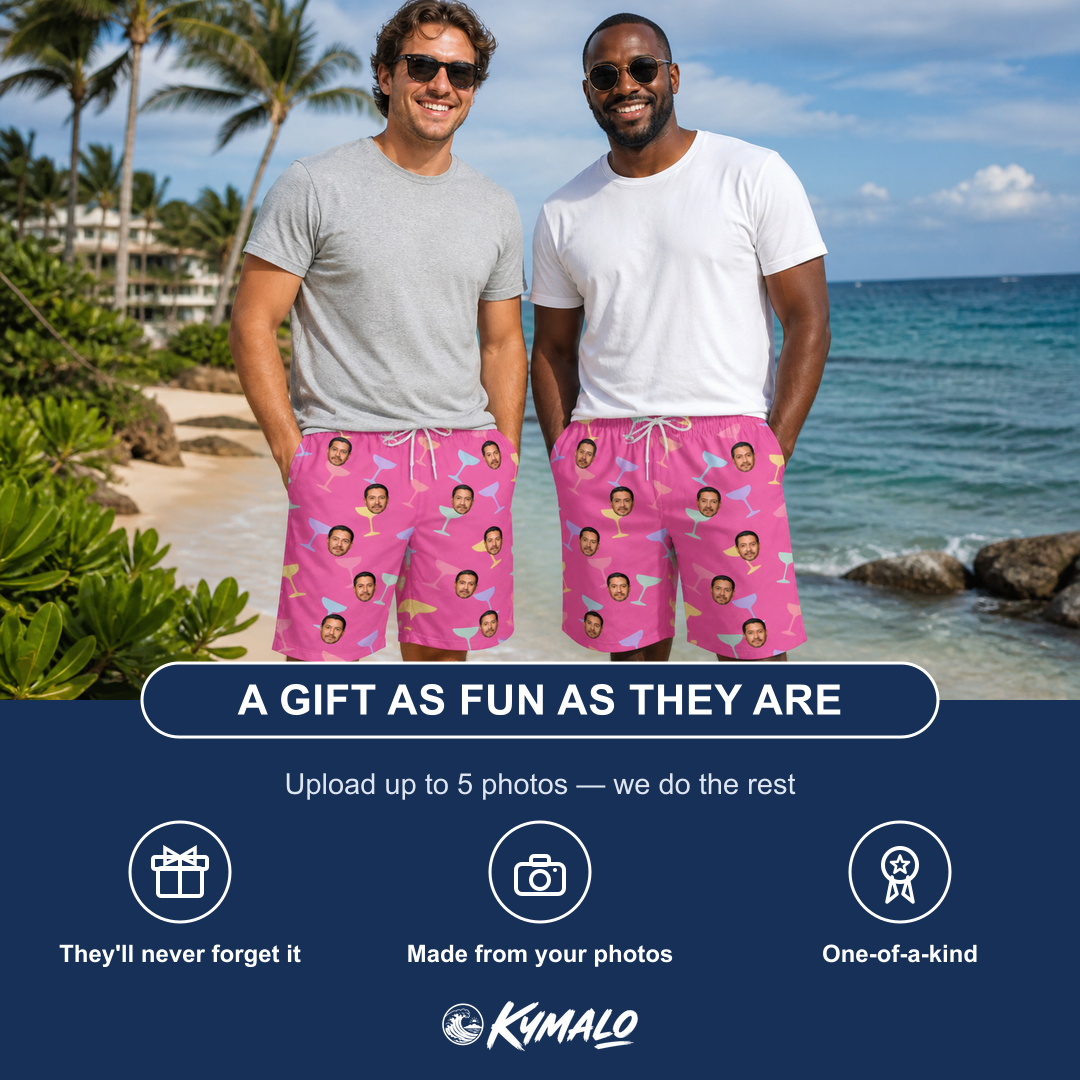 Friends in matching Men's Prosecco Pizzazz Custom Face Beach Shorts — a group gift photo
