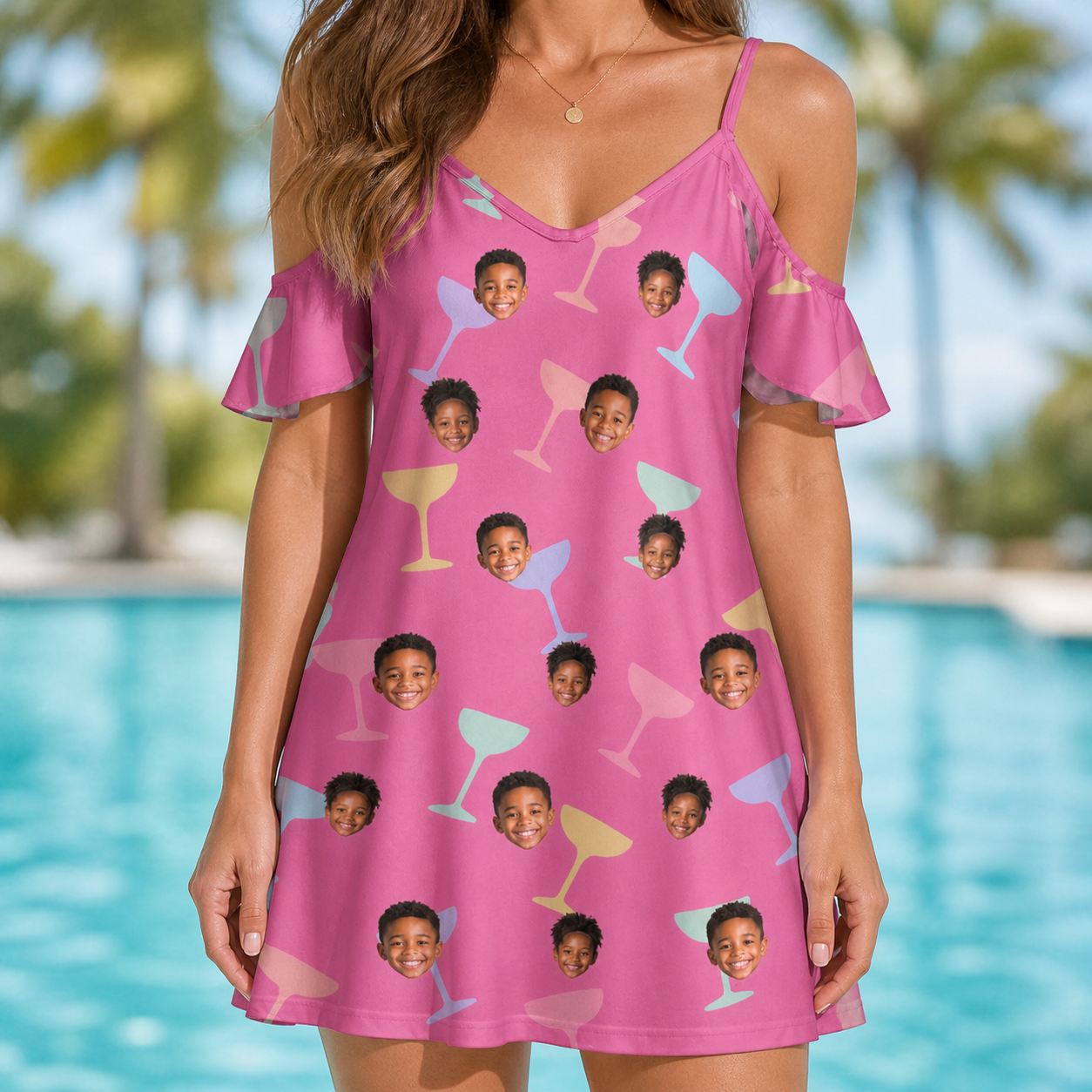 Model wearing Women's Prosecco Pizzazz Custom Face Off-Shoulder Dress printed with kids' faces