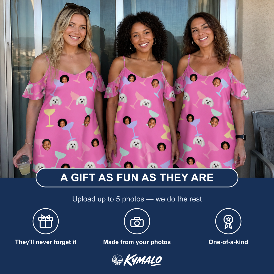 Friends in matching Women's Prosecco Pizzazz Custom Face Off-Shoulder Dress — a group gift photo