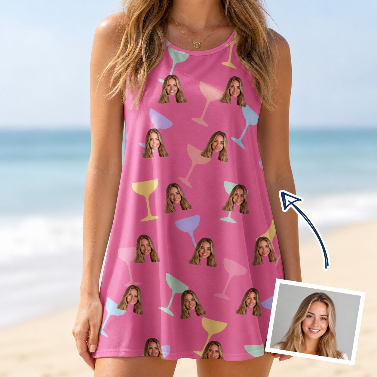 Woman wearing Women's Prosecco Pizzazz Custom Face Tank Dress — custom faces printed all-over