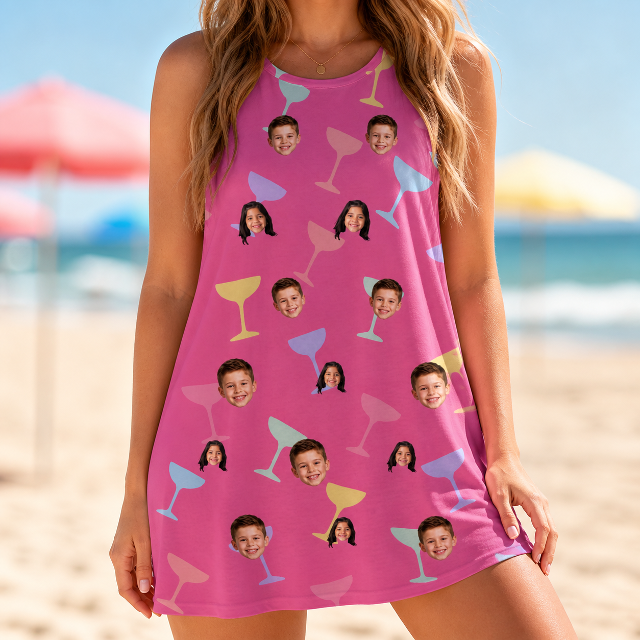 Model wearing Women's Prosecco Pizzazz Custom Face Tank Dress printed with kids' faces