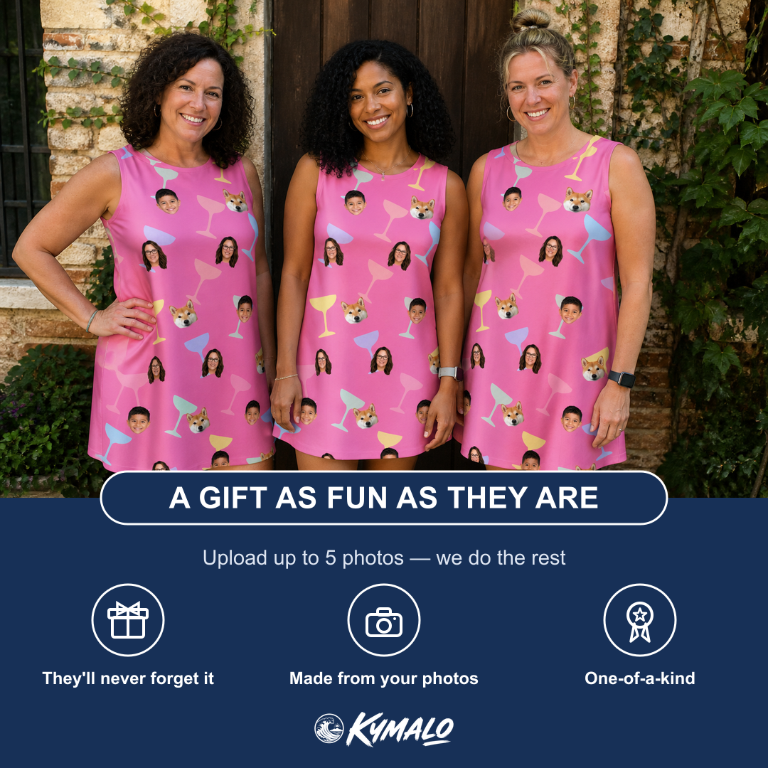 Friends in matching Women's Prosecco Pizzazz Custom Face Tank Dress — a group gift photo
