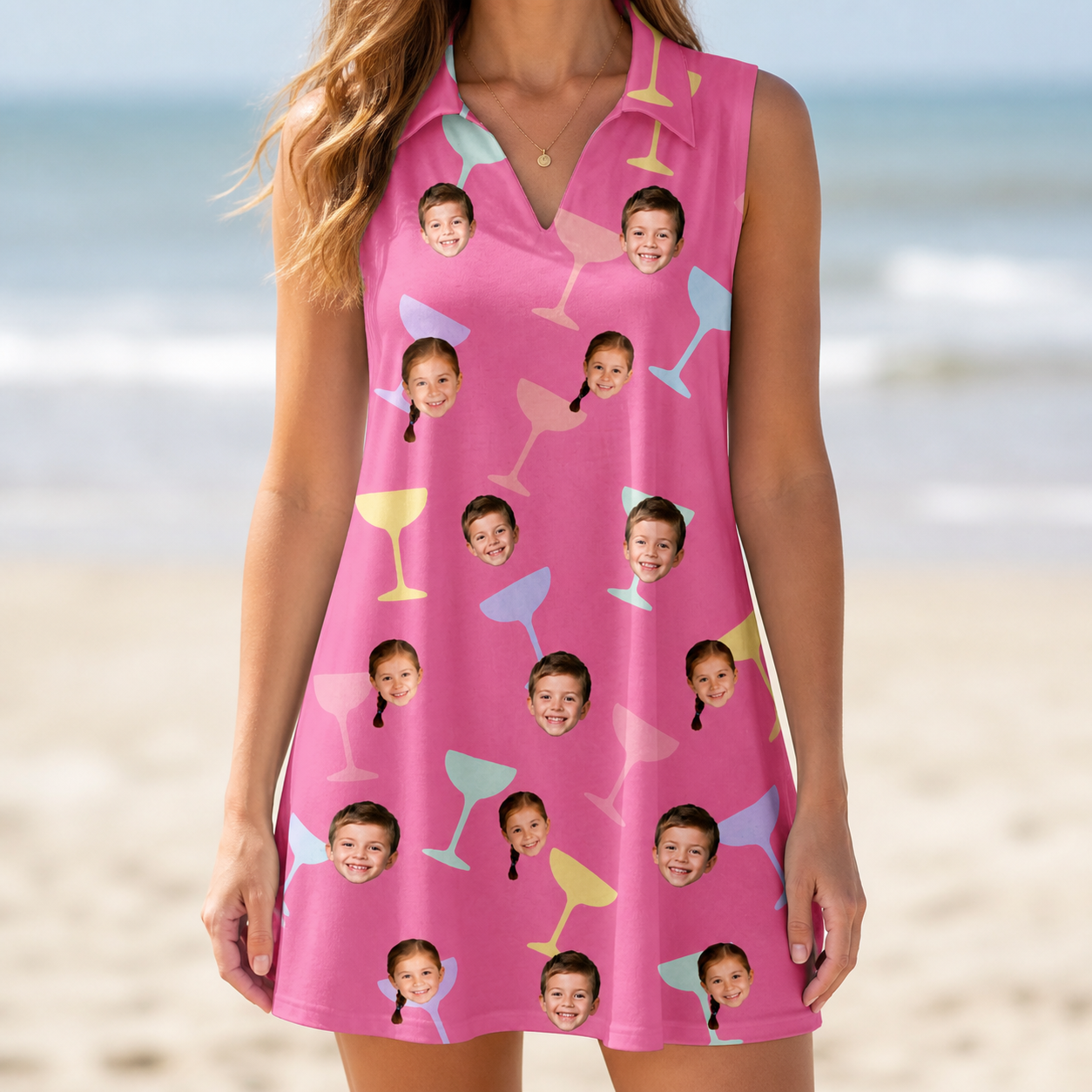 Model wearing Women's Prosecco Pizzazz Custom Face V-Neck Dress printed with kids' faces