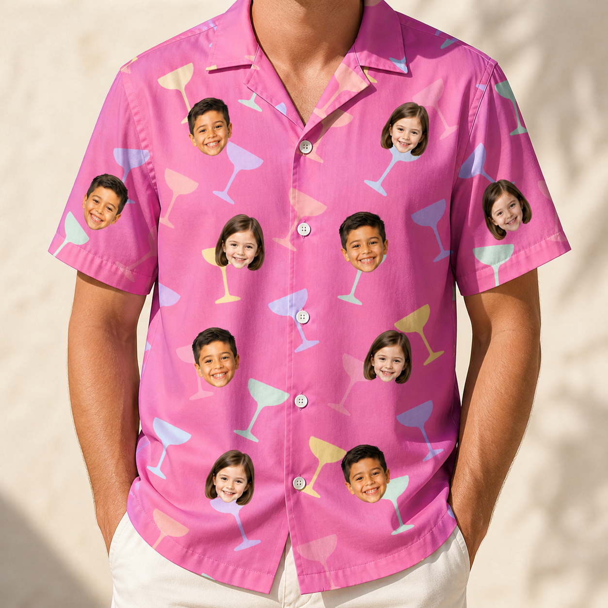 Model wearing Men's Prosecco Pizzazz Custom Face Hawaiian Shirt printed with kids' faces