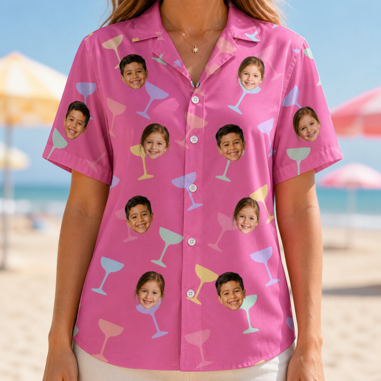 Model wearing Women's Prosecco Pizzazz Custom Face Hawaiian Shirt printed with kids' faces