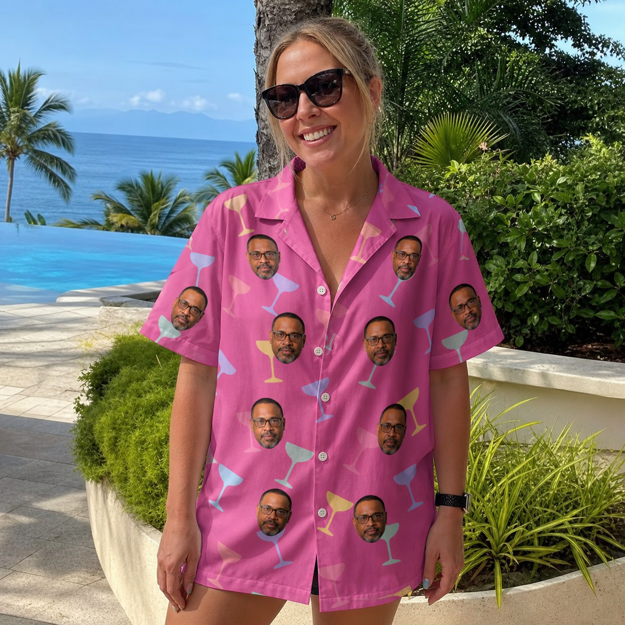 Real-life photo of someone wearing Women's Prosecco Pizzazz Custom Face Hawaiian Shirt — custom faces printed all-over