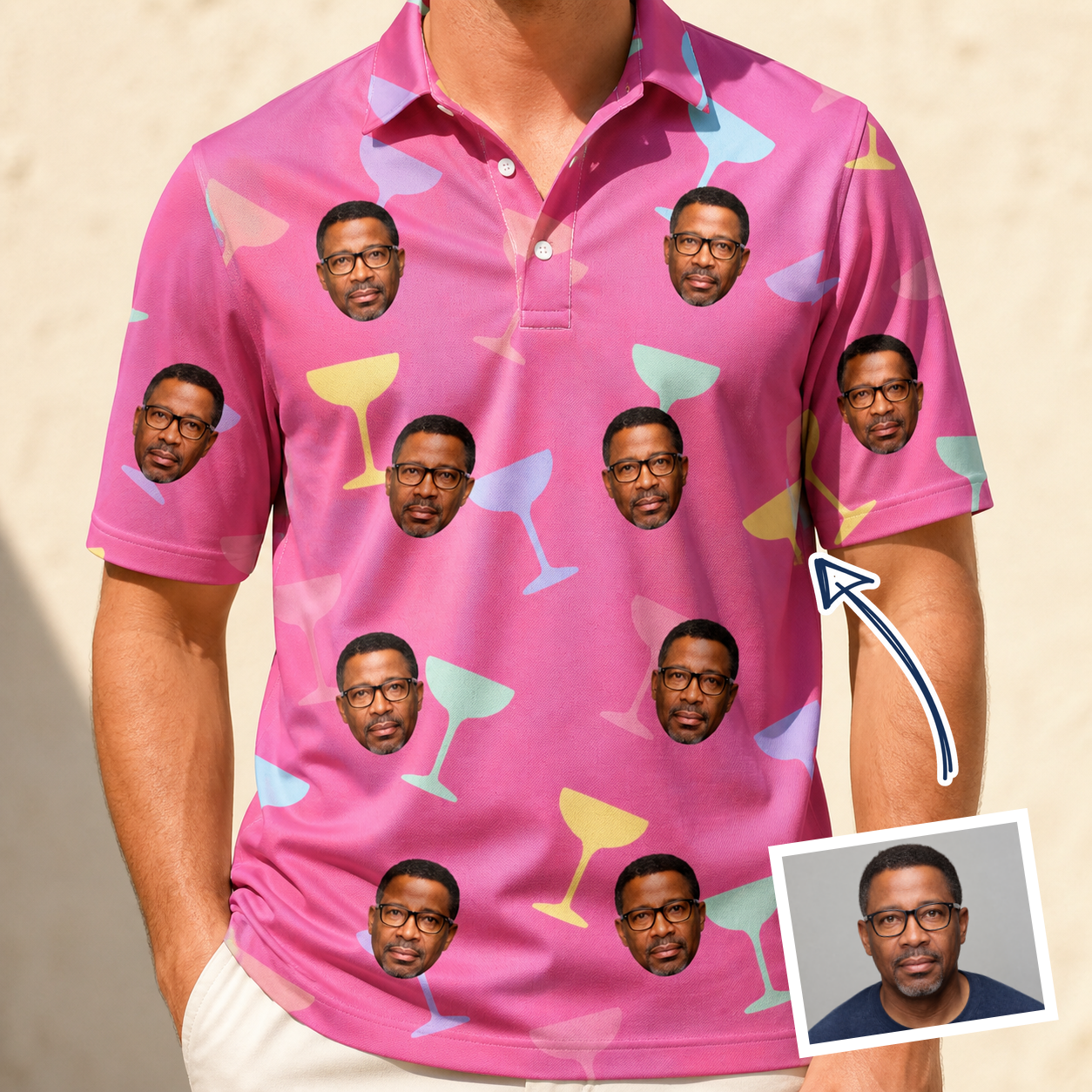 Man wearing Men's Prosecco Pizzazz Custom Face Polo Shirt — custom faces printed all-over