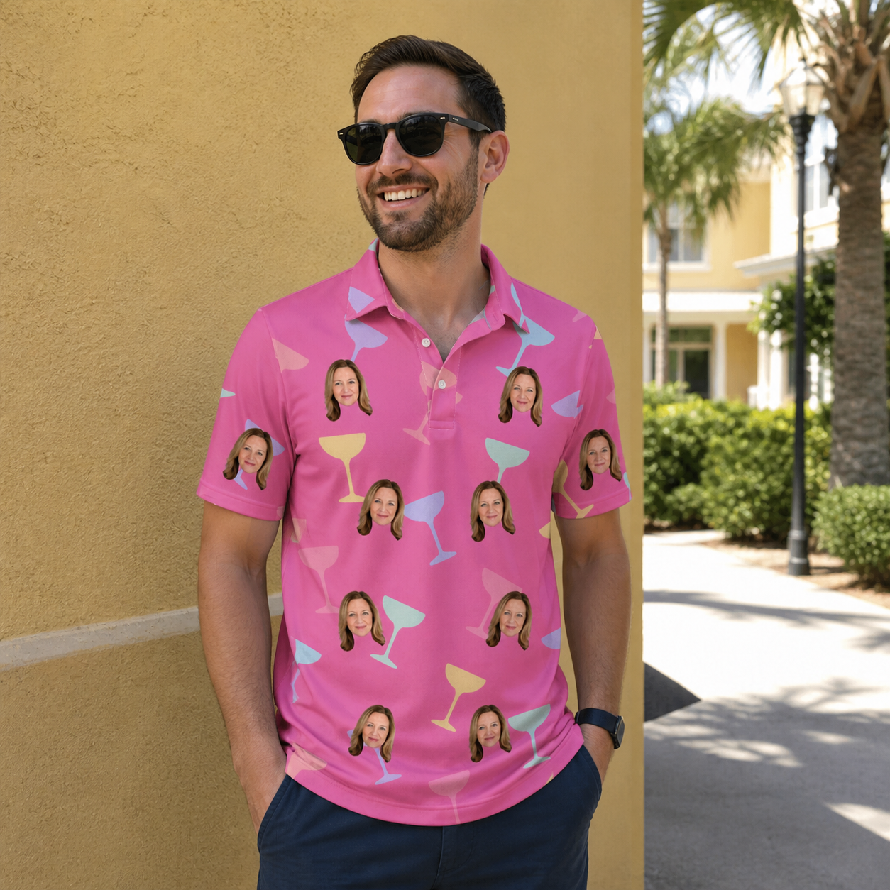 Real-life photo of someone wearing Men's Prosecco Pizzazz Custom Face Polo Shirt — custom faces printed all-over