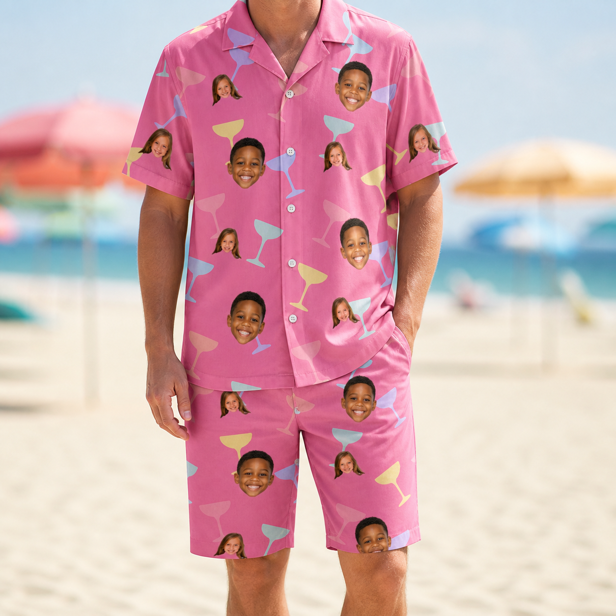 Model wearing Men's Prosecco Pizzazz Custom Face Shirt & Shorts Set printed with kids' faces