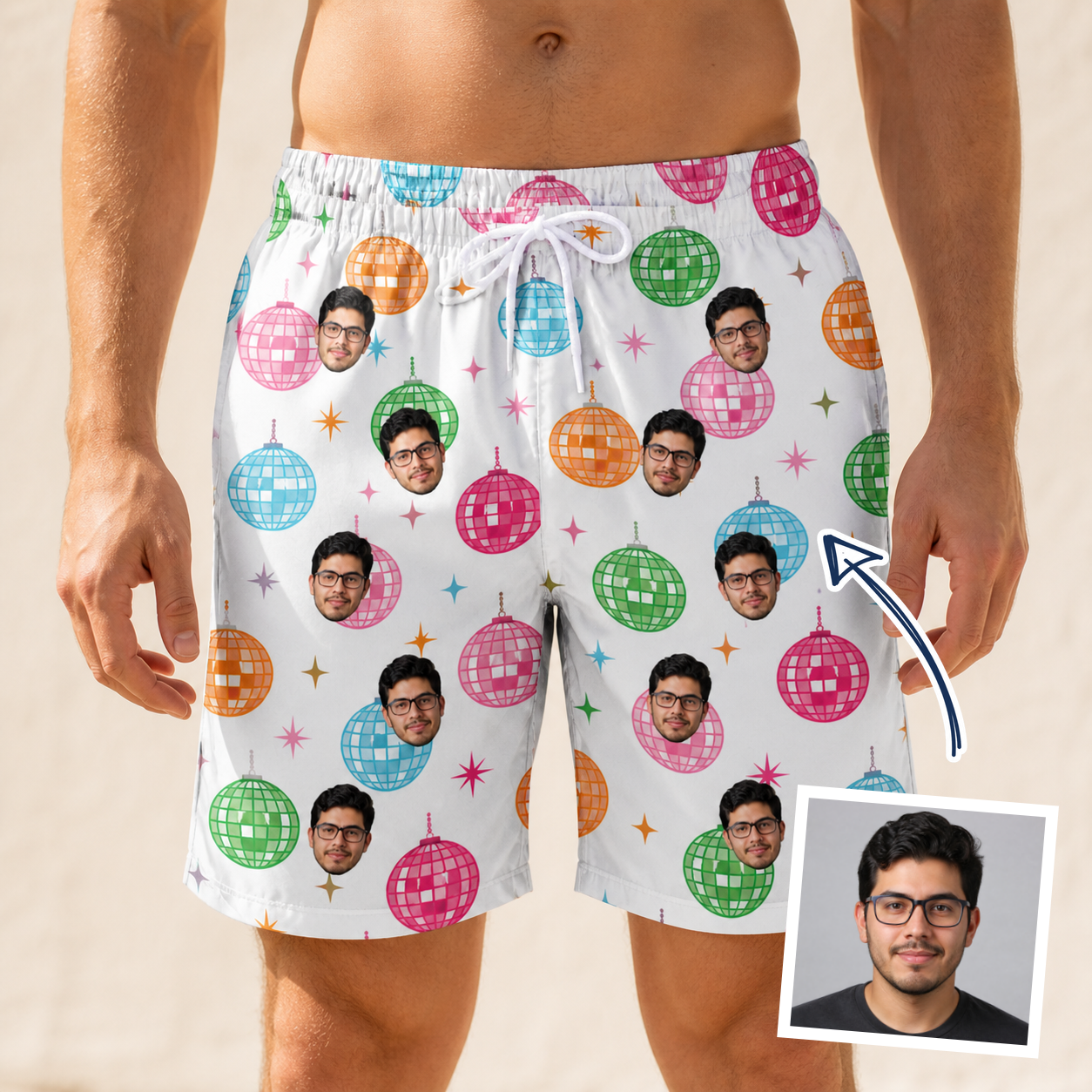 Man wearing Men's Strobe Sweethearts Custom Face Beach Shorts — custom faces printed all-over