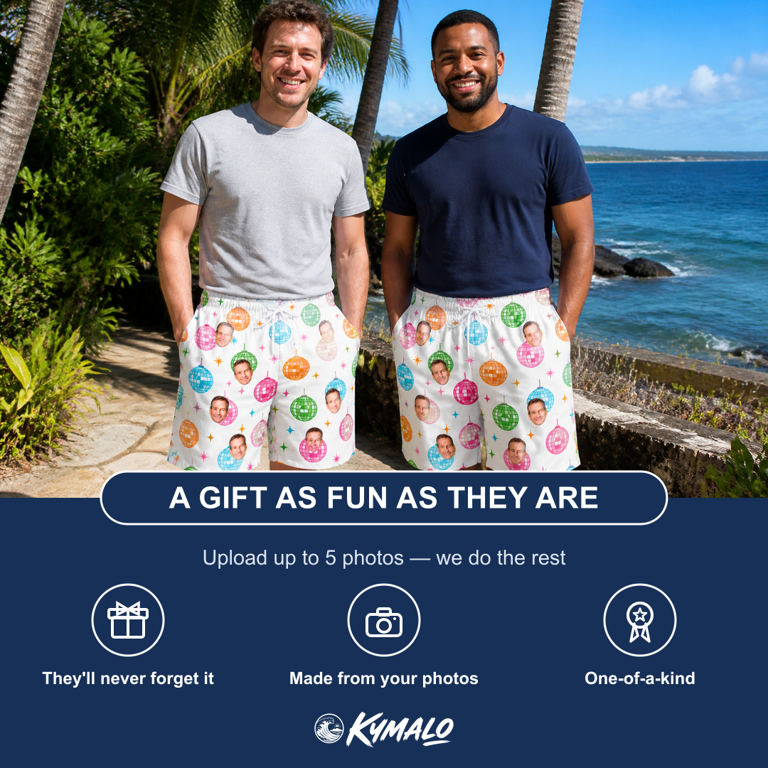 Friends in matching Men's Strobe Sweethearts Custom Face Beach Shorts — a group gift photo