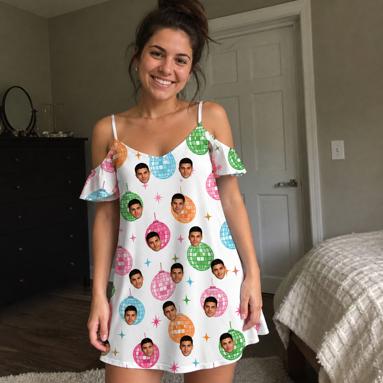 Real-life photo of someone wearing Women's Strobe Sweethearts Custom Face Off-Shoulder Dress — custom faces printed all-over