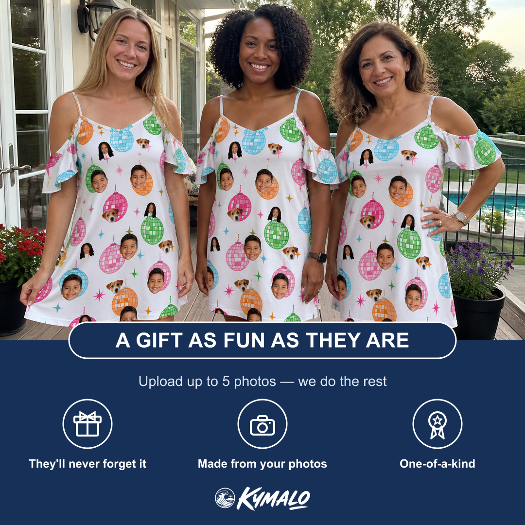 Friends in matching Women's Strobe Sweethearts Custom Face Off-Shoulder Dress — a group gift photo