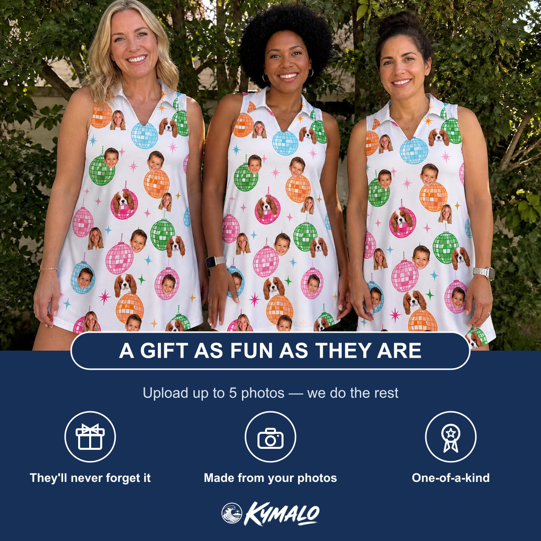 Friends in matching Women's Strobe Sweethearts Custom Face V-Neck Dress — a group gift photo