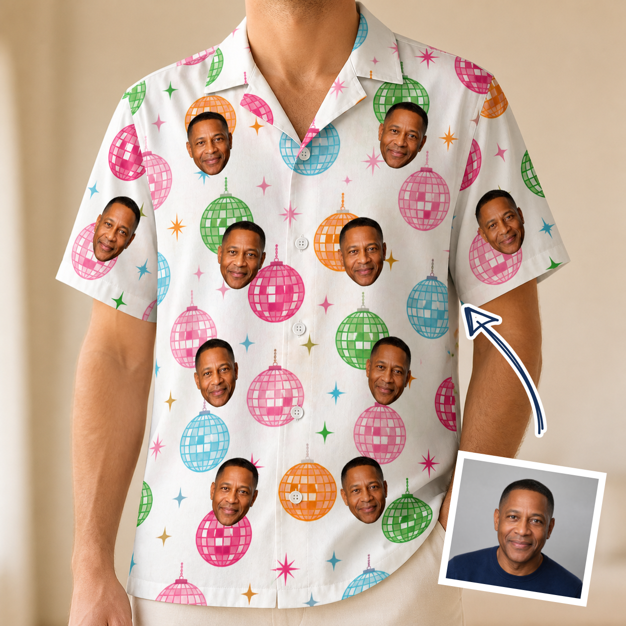 Man wearing Men's Strobe Sweethearts Custom Face Hawaiian Shirt — custom faces printed all-over