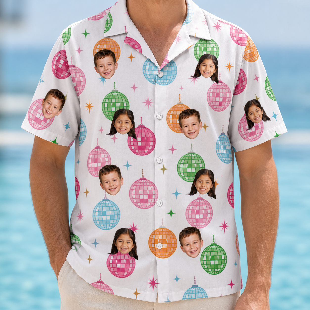 Model wearing Men's Strobe Sweethearts Custom Face Hawaiian Shirt printed with kids' faces