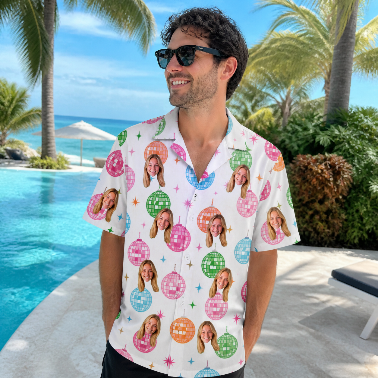 Real-life photo of someone wearing Men's Strobe Sweethearts Custom Face Hawaiian Shirt — custom faces printed all-over