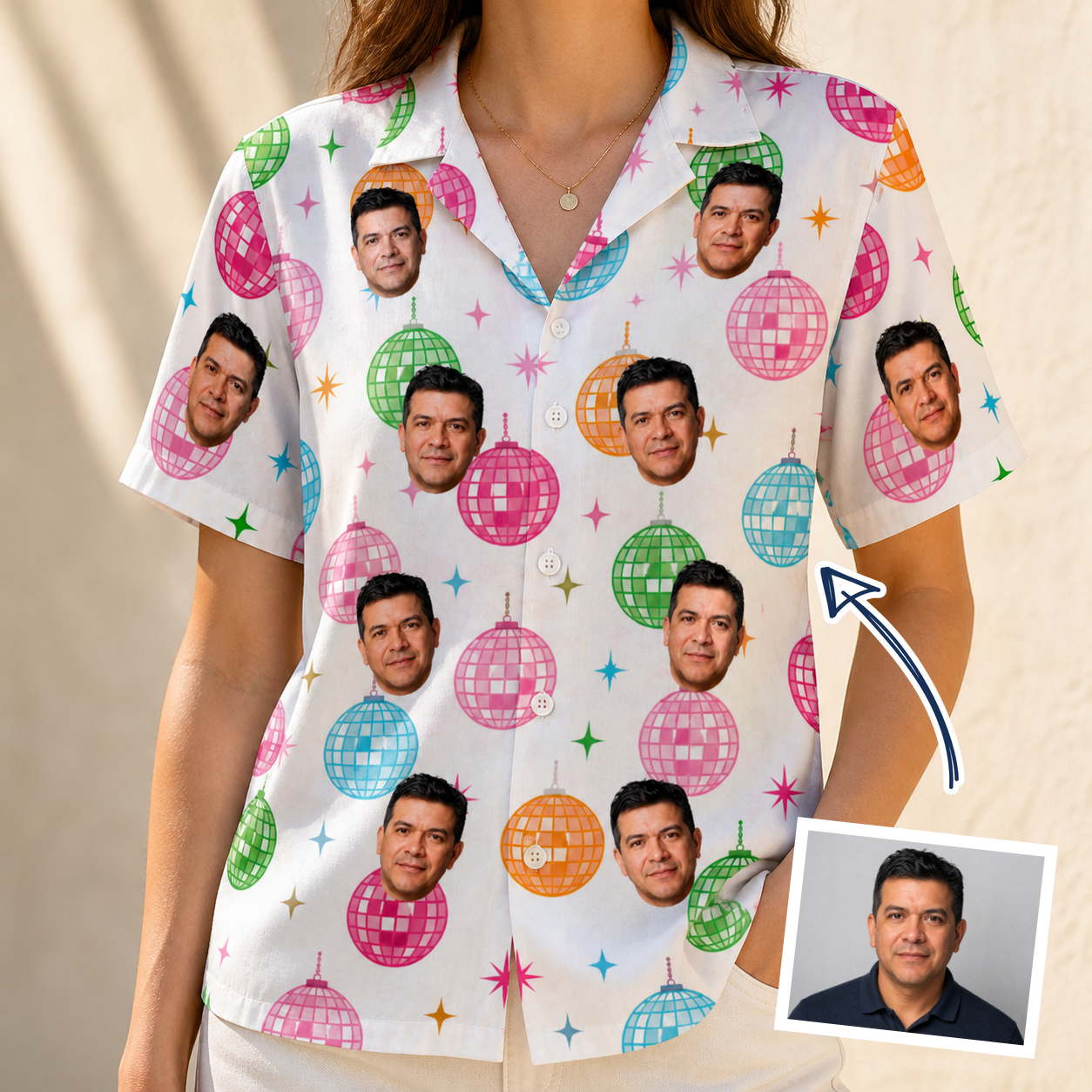 Woman wearing Women's Strobe Sweethearts Custom Face Hawaiian Shirt — custom faces printed all-over