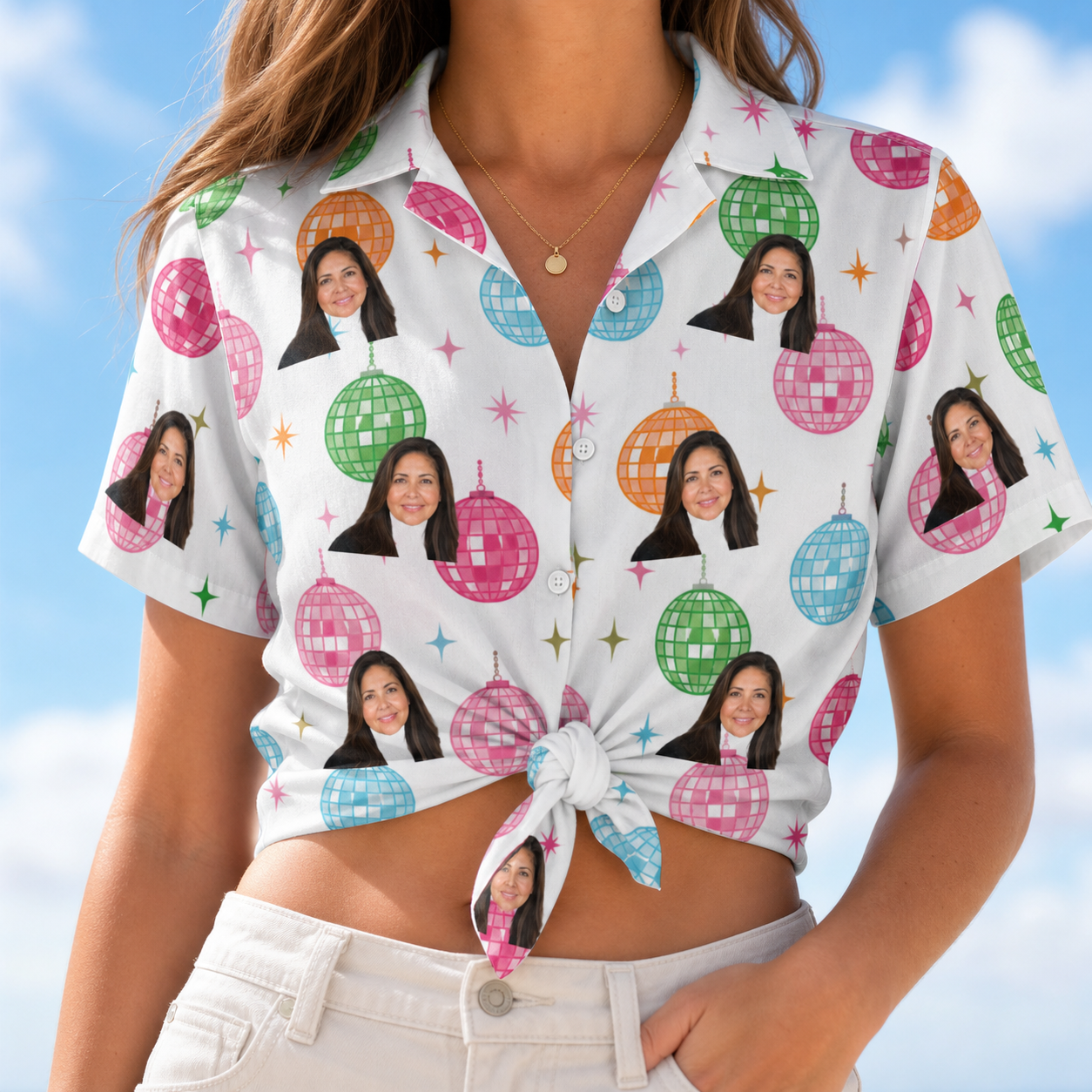 Woman wearing Women's Strobe Sweethearts Custom Face Hawaiian Shirt tied at the waist