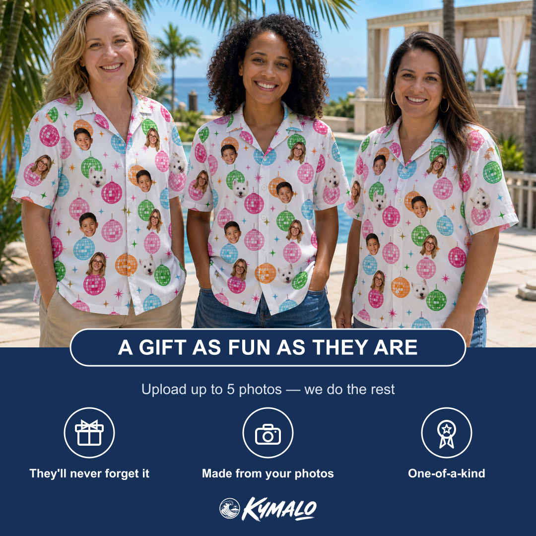 Friends in matching Women's Strobe Sweethearts Custom Face Hawaiian Shirt — a group gift photo