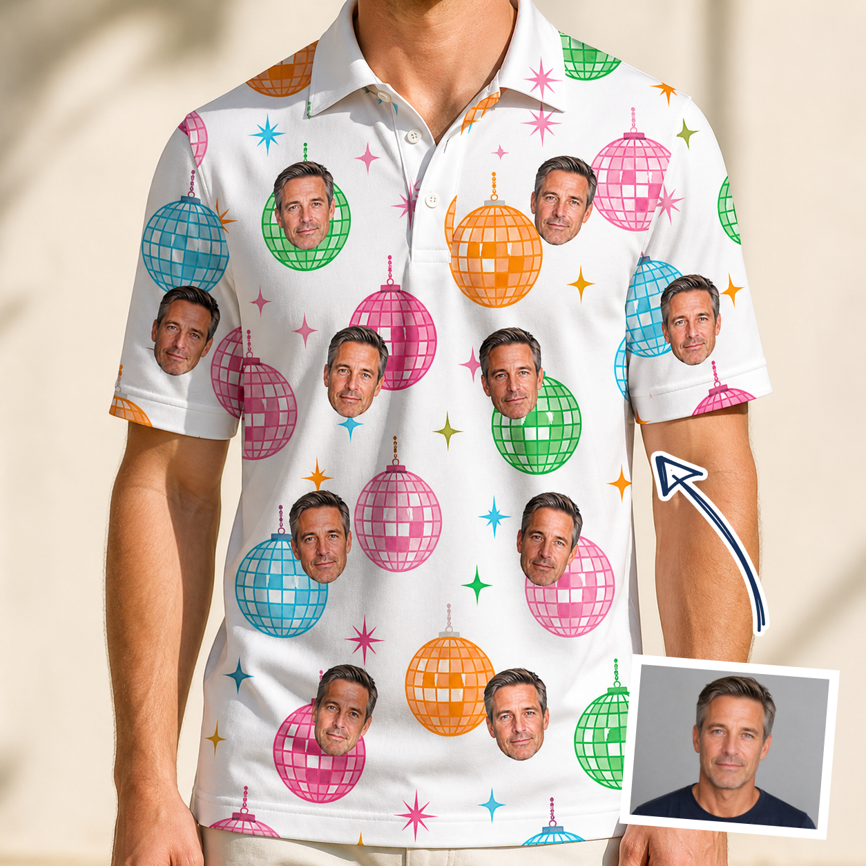 Man wearing Men's Strobe Sweethearts Custom Face Polo Shirt — custom faces printed all-over