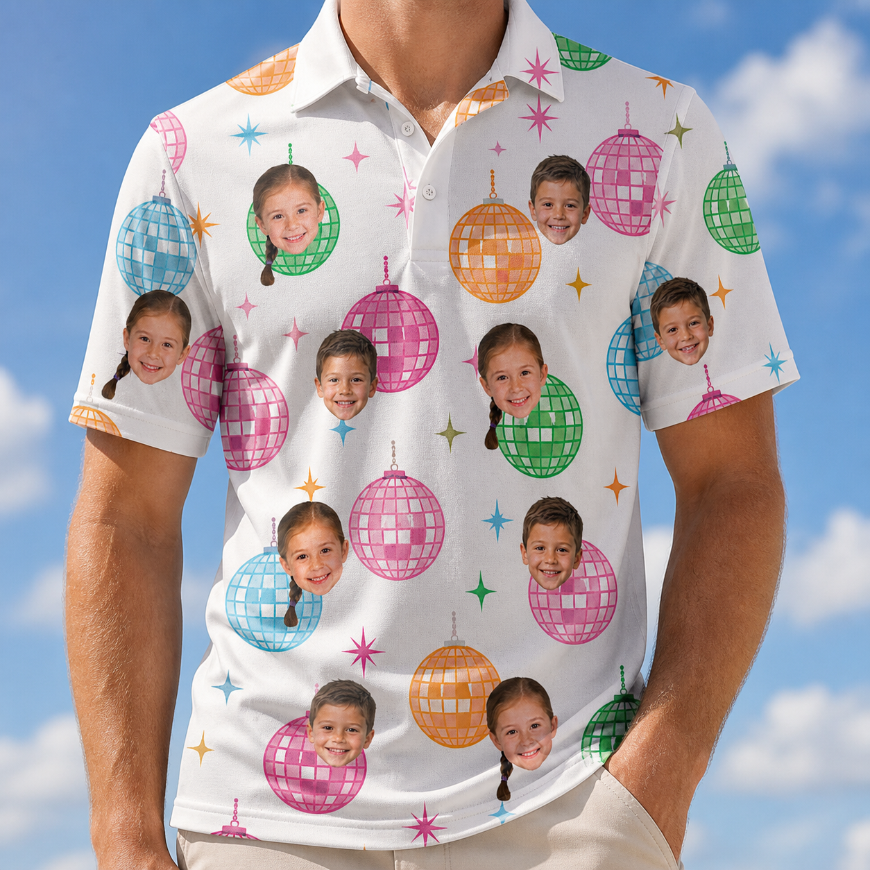 Model wearing Men's Strobe Sweethearts Custom Face Polo Shirt printed with kids' faces