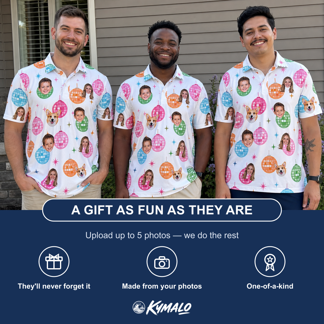 Friends in matching Men's Strobe Sweethearts Custom Face Polo Shirt — a group gift photo