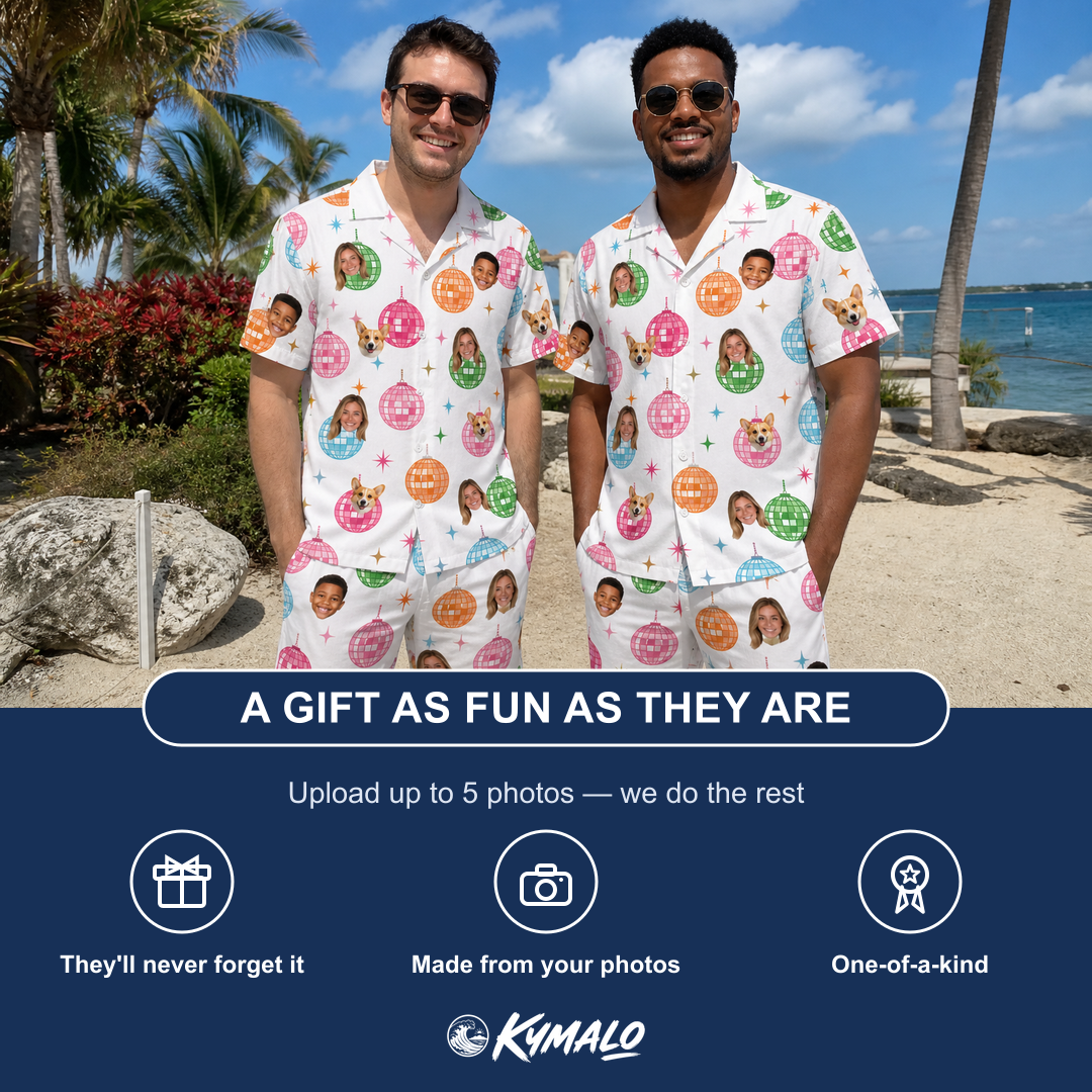 Friends in matching Men's Strobe Sweethearts Custom Face Shirt & Shorts Set — a group gift photo