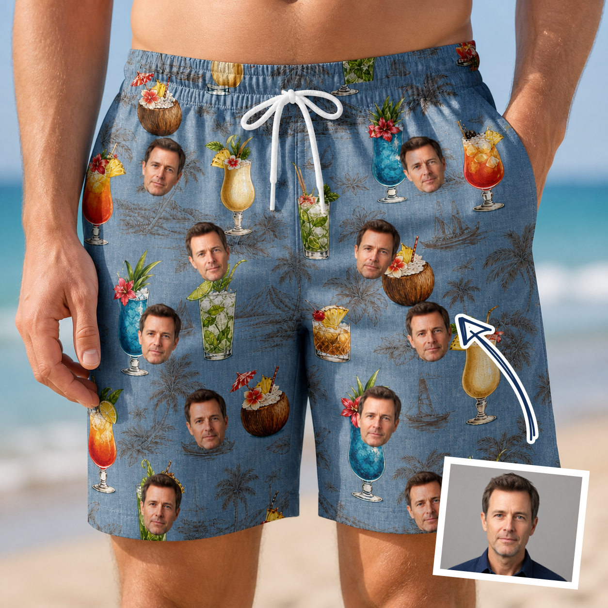 Man wearing Men's Agave Affair Custom Face Beach Shorts — custom faces printed all-over