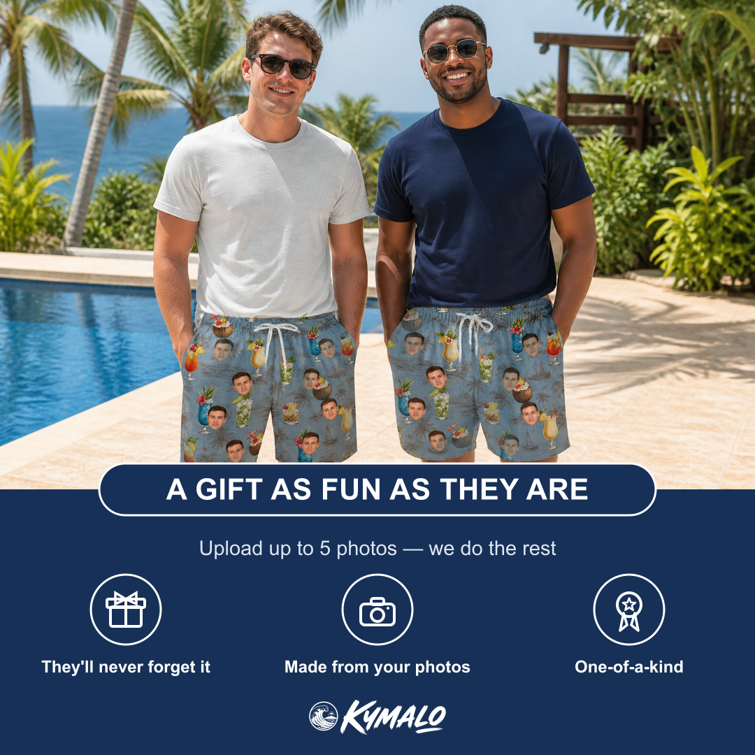Friends in matching Men's Agave Affair Custom Face Beach Shorts — a group gift photo